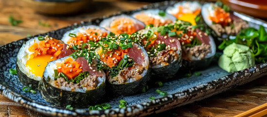 Kimbap is a popular Korean rice roll made with seasoned rice and various fillings such as vegetables, eggs, beef, or tuna, all wrapped in dried seaweed kim, and sliced into bite-sized pieces