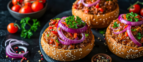 A messy but delicious American sandwich, Sloppy Joes are made with ground beef cooked in a tangy tomato-based sauce, then served on a hamburger bun