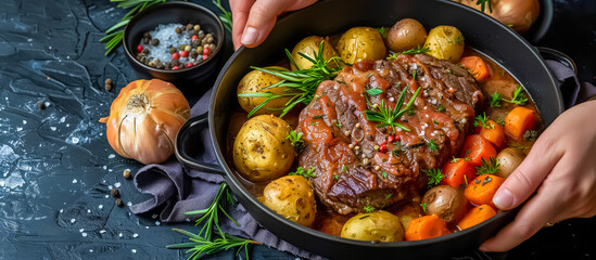 Pot Roast, American meal,  consists of a large cut of beef usually chuck roast slow-cooked with vegetables such as carrots, potatoes, and onions in a savory broth until tender and flavorful  - obrazy, fototapety, plakaty