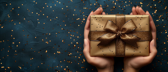 Woman's hands holding an elegant present gift box with a golden ribbon over a blue background with confetti.