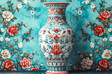 vase with red and blue flowers on a turquoise background