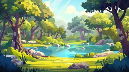 A beautiful natural landscape with a clear fresh water pond in the middle of a green forest with bushes, stones lying on the ground, and summer sunshine rays.