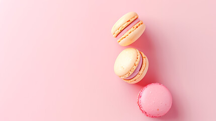 colorful macaroons close-up, simple soft pink background