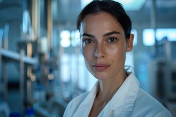 A female medical researcher in a lab coat, her hair pulled back neatly, looking confidently into the camera, against a high-tech laboratory backdrop