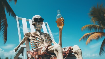 Skeleton prop seated on a beach chair, sunglasses on, holding a beer can, tropical beach background with clear blue sky and palm treesadd - obrazy, fototapety, plakaty