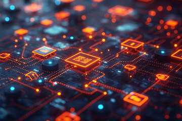 Circuit board with microchips, futuristic electronic cyberspace, digital technology background, generative ai