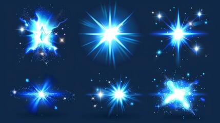 Realistic modern illustration set of magic energy glare with beams and sparkles, blue explosion glow and dust around with transparent effect. Star burst with radiance.