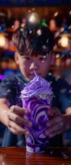 Fototapeta na wymiar A man presents a whimsical purple and white swirled beverage topped with frothy foam and sparkling accents
