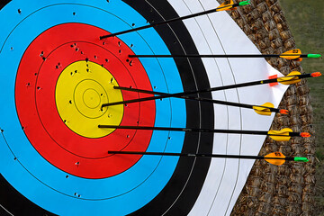 Archery target with colorful rings and arrows, precision sport concept. 