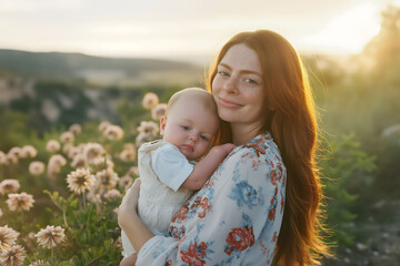 Fashion portrait redhead freckles mother holds hugs newborn baby at nature, Mother's Day concept.