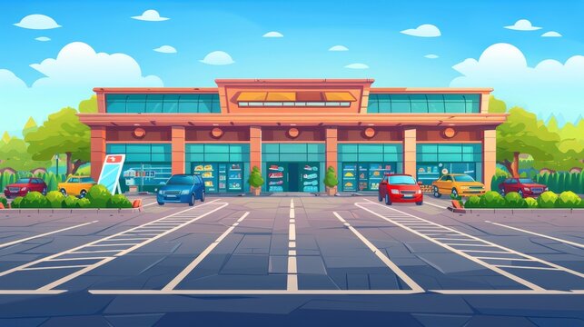 Cartoon set of supermarket parking - exterior of a large hypermarket, parking lots, lot signs, and shrubs. Urban elements in the entrance to the store.