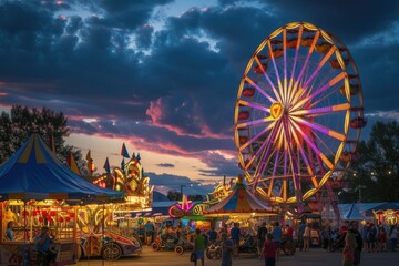 A lively carnival at dusk, Ferris wheel lights against the twilight sky, happy faces of families enjoying rides and games. Resplendent.