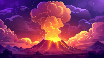 Poster de jardin Violet Prehistoric lava volcano eruption. Smoke cloud, magma, and apocalyptic mountain landscape in Jurassic age. It's a wild environment with dangerous lava volcano explosions.