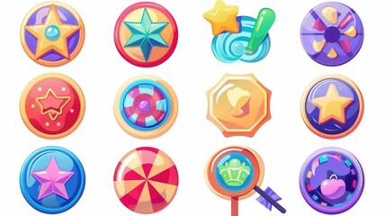 Lucky roulette with candy, star, bomb, potion, and donut gift bonuses for winner. Online circle jackpot box with success slot near arrow. - obrazy, fototapety, plakaty