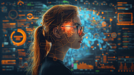 Young woman in glasses on abstract web network background. Future and technology concept, generative ai