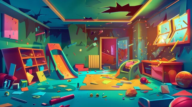 An abandoned kindergarten room interior contains broken furniture, stains, and toys that have been scattered everywhere. Cartoon modern shows chaos in a closed kid's playschool.