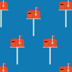 Seamless pattern with mailbox on blue isolated background.  Red mailbox. Pattern for fabric, packaging. Theme of communication, mail.