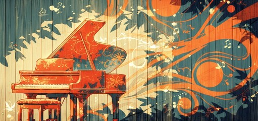 A red piano with music notes and blue dots on it, a poster of musical instruments and sound waves with orange circles around them. 