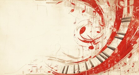 A red piano with music notes and strange symbols on the background, in the style of a collage with a vintage poster design on a white background