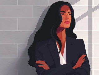 A stylized illustration of a confident woman in a business suit with crossed arms against a shadowed background.