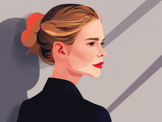Illustrated portrait of a woman with a confident expression, wearing professional attire.