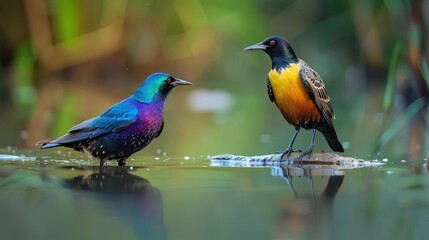Rare Encounter Perfect Reflection of Colorful Starling and Raptor beside Water