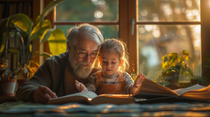 5. Intergenerational Learning: Seated in a sunlit study, grandparents engage their grandchildren in an enriching learning session, sharing insights from their vast reservoir of kno - obrazy, fototapety, plakaty