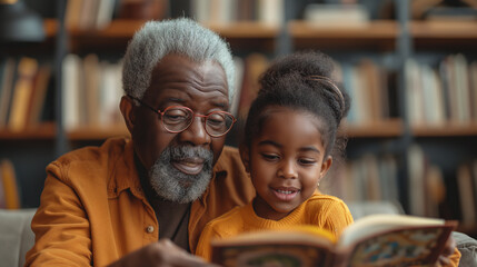 7. Storytime: In a cozy living room, grandparents read bedtime stories to their grandchildren, transporting them to far-off lands and magical realms. As the children listen with wi - obrazy, fototapety, plakaty