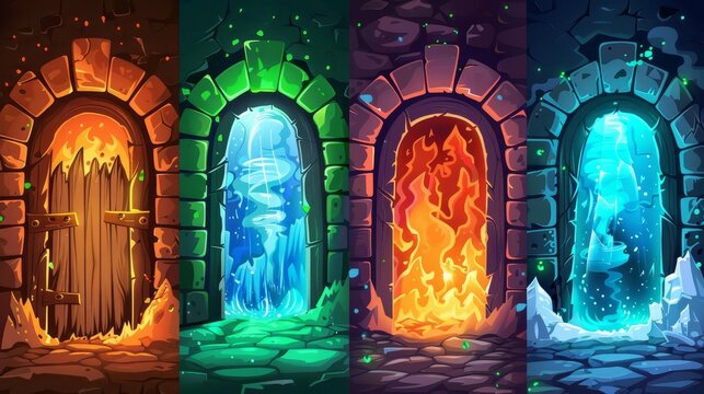 Game portals isolated on a white background. Modern cartoon illustration of a gate to a fairytale land in a cave. Illustration features a wooden arch, orange fire, blue lights, and clouds of smoke.
