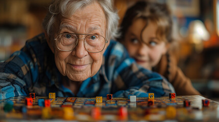 17. Board Game Fun: Around a table piled high with board games, grandparents and grandchildren engage in friendly competition and spirited play. With each roll of the dice and stra
