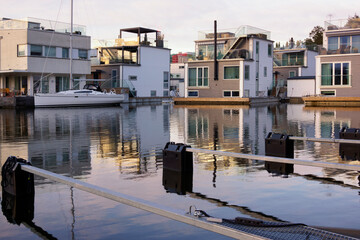 Houseboats and a residential building in the Marinstad neighbourhood in Stockholm