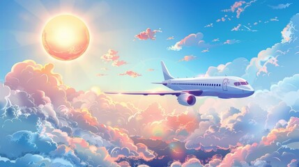 In the sky above clouds, a passenger airplane is flying against a blue sky with sun. Cartoon modern landscape with a liner making flight. Banner for aviation services and vacation travel.