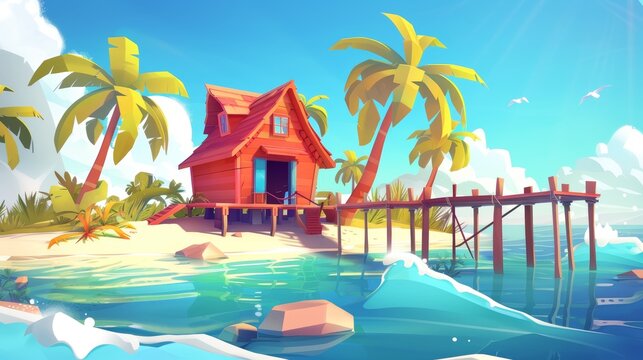 An illustration of a hut on a beach and a boat with a pier depicting a fisherman's house. Modern illustration of tropical island with ocean waves washing the coast and palm trees.