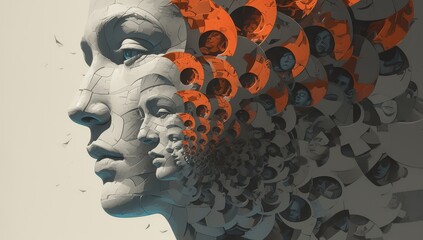 A surreal and abstract composition of women's faces, each with distinct features and expressions, interwoven into a spiral staircase in the style of art deco. 