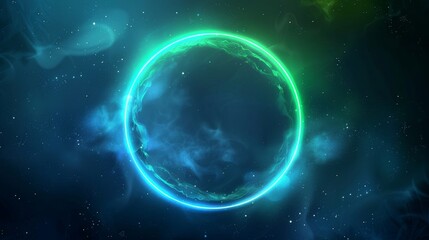 Intense neon-colored ring frame with blue and green gradient clouds or smoke and sparkles. Realistic modern led light circle on dark background with glowing fog. Magic futuristic surreal haze game