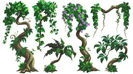 Branches of liana with green leaves and flowers isolated on white. Modern cartoon illustration of twisted jungle plants with leaves, stems of rainforest trees, and roots of old trees. - obrazy, fototapety, plakaty