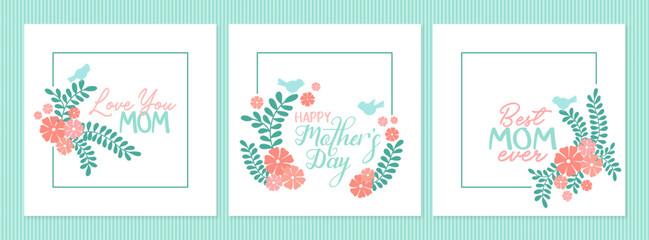 Bird floral frame, happy mother's day text greeting cards  spring flowers mom design