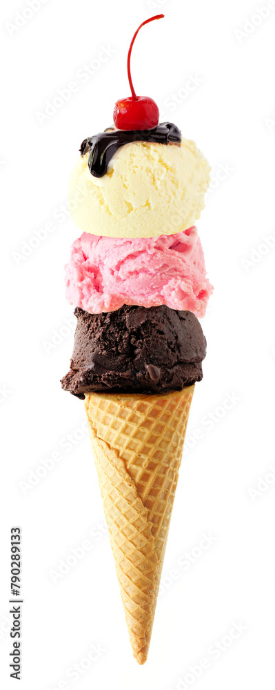 Aufkleber triple scoop ice cream cone with cherry on top isolated on a white background. vanilla, strawberry a