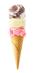 Obraz premium Triple scoop ice cream cone isolated on a white background. Chocolate heavenly hash, vanilla and strawberry flavors in a waffle cone.