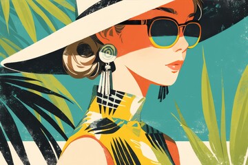 A vintage retro illustration of a woman in a summer dress and hat, with sunglasses, palm trees, and a beach scene. The color palette includes orange, green, white, yellow, red, and blue. 