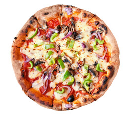 Wood fired pizza with pepperoni, mushrooms, green peppers and red onions isolated on a white...
