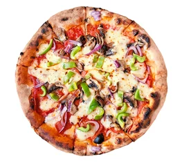  Wood fired pizza with pepperoni, mushrooms, green peppers and red onions isolated on a white background © Jenifoto