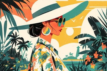 Fototapeta premium A vintage retro illustration of a woman in a summer dress and hat, with sunglasses, palm trees, and a beach scene. The color palette includes orange, green, white, yellow, red, and blue. 