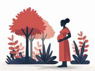 Naklejka premium Illustration of a pregnant woman standing peacefully in nature with trees and plants around.