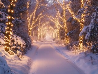 A snow-covered path with Christmas lights on the trees. The lights are lit up and create a warm and festive atmosphere