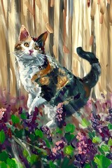 cat, painting, vibrant, floral, brushstrokes, texture, calico, art, impressionist, foliage, pet, expressive