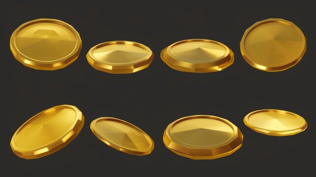 The gold coin 3d in different angles of rotation. A realistic modern set of sprite sheets for a rotation animation of a gold metal simple currency without a sign. Casino cash reward or game UI