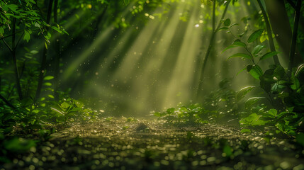 Fototapeta na wymiar Rays of light flowing through dense plant leaves, creating mesmerizing patterns on the ground. 