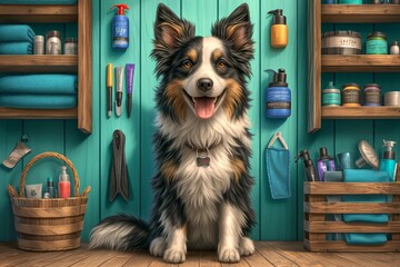 A red and white border collie sits in the center of an elegant, well-organized dog care product storage room with shelves full of different types of beauty products for dogs. 