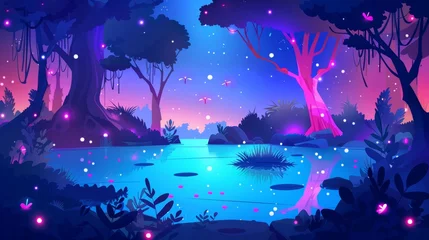 Zelfklevend Fotobehang Dream forest at night with magic fireflies fluttering over a small lake under moonlight. Dark blue modern fantasy landscape with trees and bushes, pink neon glowworms above water. © Mark